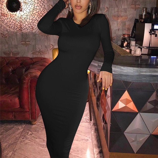 Nadafair Solid O Neck Long Sleeve Midi Dress Casual Black Winter Bodycon Dress Basic Office Lady Autumn Dresses Women White Red