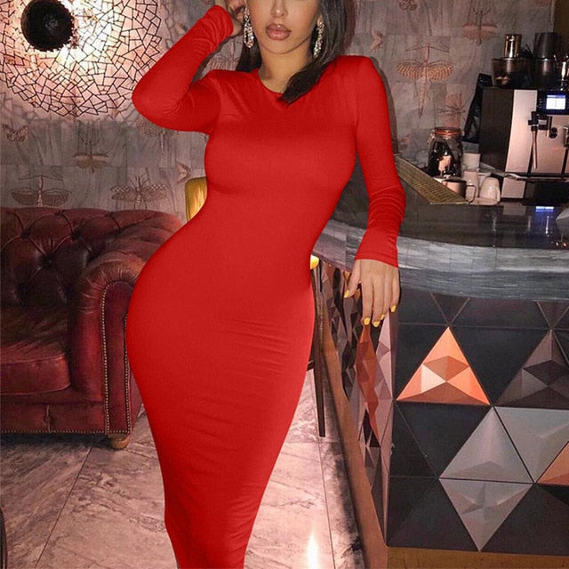 Nadafair Solid O Neck Long Sleeve Midi Dress Casual Black Winter Bodycon Dress Basic Office Lady Autumn Dresses Women White Red