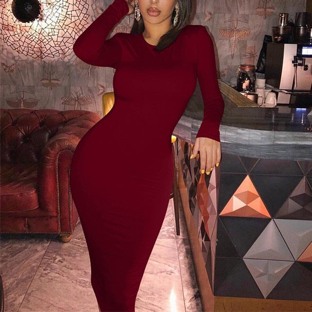 Nadafair Solid O Neck Long Sleeve Midi Dress Casual Black Winter Bodycon Dress Basic Office Lady Autumn Dresses Women White Red