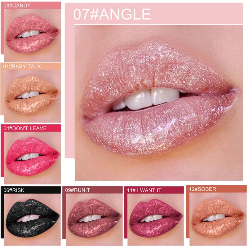 Qibest 12Color Shimmer Lip Gloss Long Lasting Glitter Lipgloss Waterproof Liquid Lipstick Moisturizer Lip Gloss Makeup Lip Tint