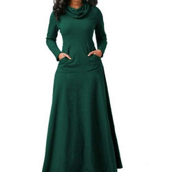 Women Warm Dress With Pocket Casual Solid Vintage Autumn Winter Maxi Dress Robe Bow Neck Long Elegant Dress