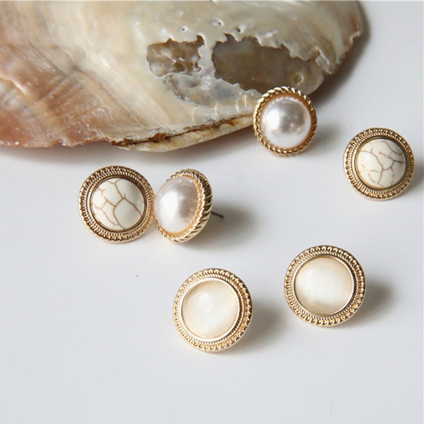 New Vintage Round Marble Opal Stone Big Stud Earrings Women Fashion Temperament Gold Ear Stud Circle Pearls Stone Jewelry