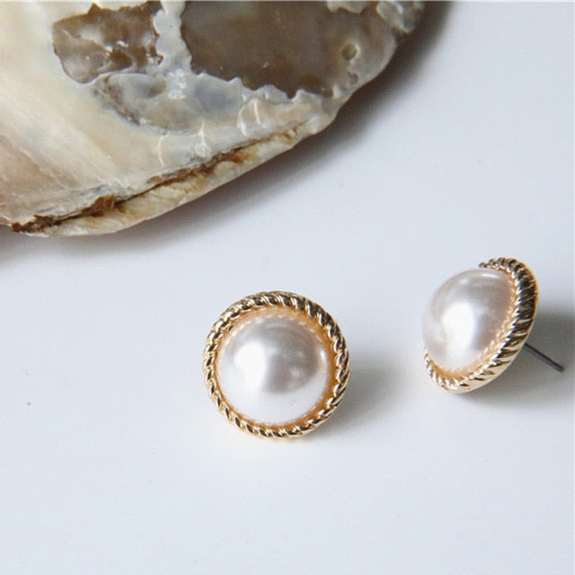 New Vintage Round Marble Opal Stone Big Stud Earrings Women Fashion Temperament Gold Ear Stud Circle Pearls Stone Jewelry