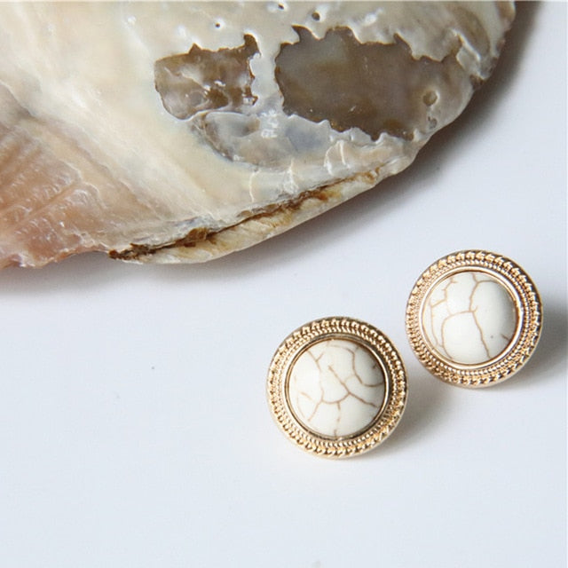 New Vintage Round Marble Opal Stone Big Stud Earrings Women Fashion Temperament Gold Ear Stud Circle Pearls Stone Jewelry