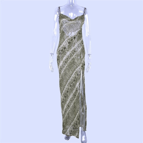 Snake print chiffon  long slip maxi sheer dress  strap backless slit