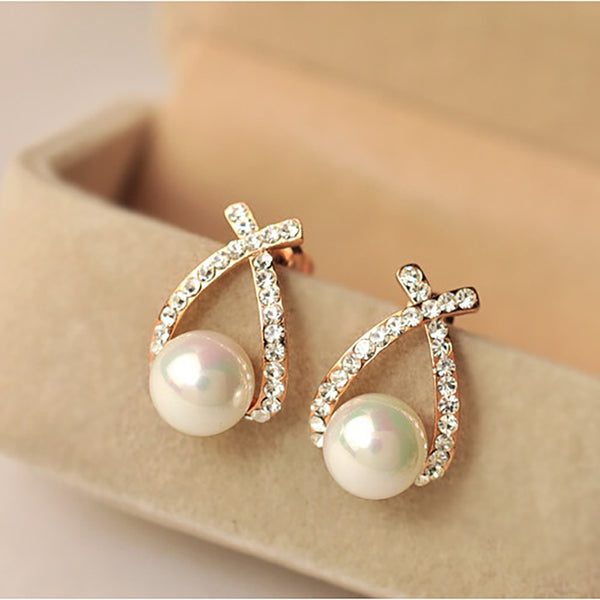 Korea New Fashion Gold Silver Color Cross Crystal Stud Earrings