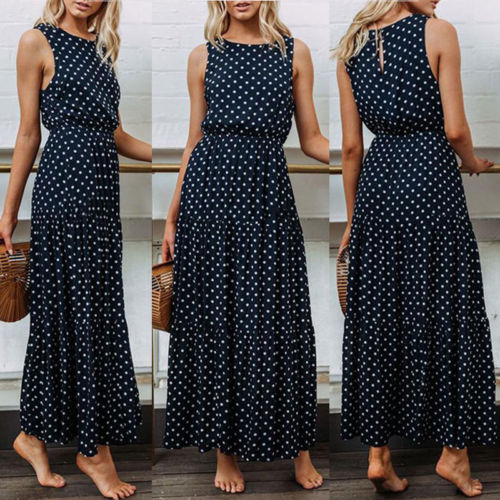 Dark Blue  Dot Print Sleeveless Long Maxi Dress