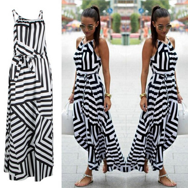 Summer Maxi Long Dress Striped Sleeveless Beach Style Strap Sundress