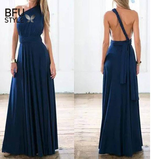 Long  Wrap Maxi Dress Navy Blue Hollow