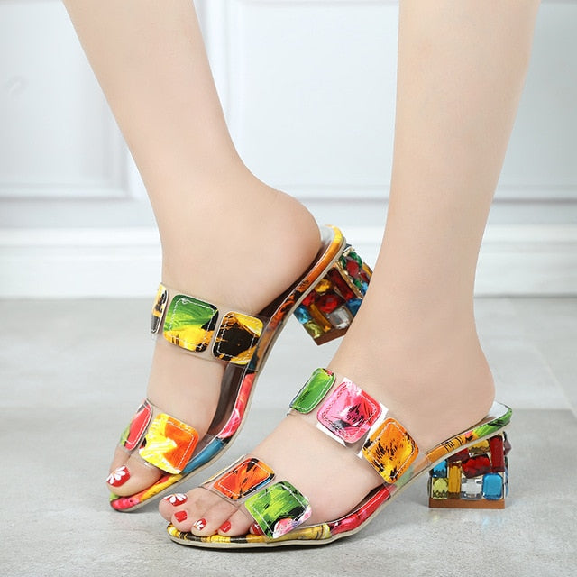 Summer Crystal Sandals Rhinestone Heels Open Toe Shoes