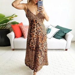 Deep V Leopard Butterfly Wrap Sling Sleeveless Maxi Long Dress F