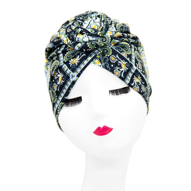 Indian arab wrap women head scarf turban caps trendy printed hijab bonnet Bohemian ethnic inner hijabs for cap muslim headdress