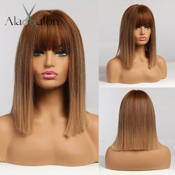 ALAN EATON Ombre Brown Golden Short Straight Hair Lolita Bobo Wigs with Bangs Synthetic Wigs For Women Cosplay Heat Resistant