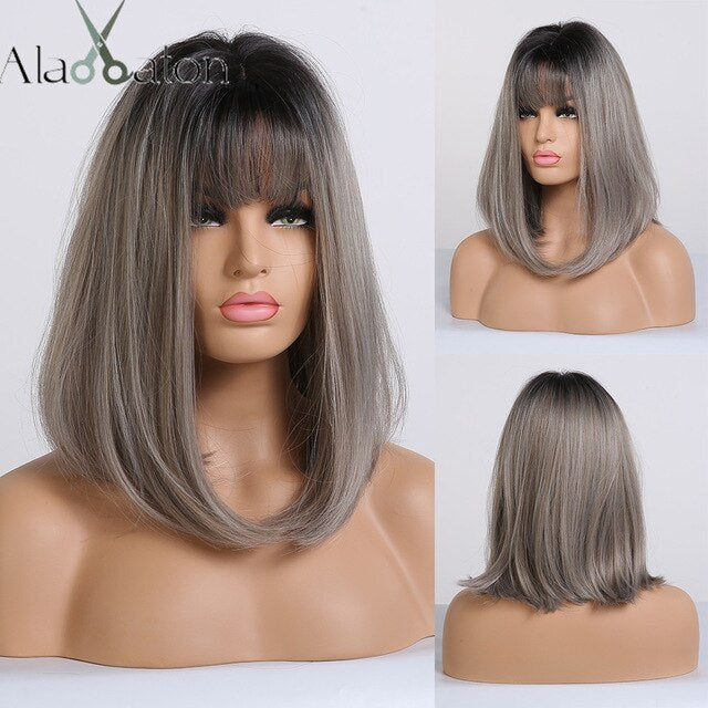 ALAN EATON Ombre Brown Golden Short Straight Hair Lolita Bobo Wigs with Bangs Synthetic Wigs For Women Cosplay Heat Resistant