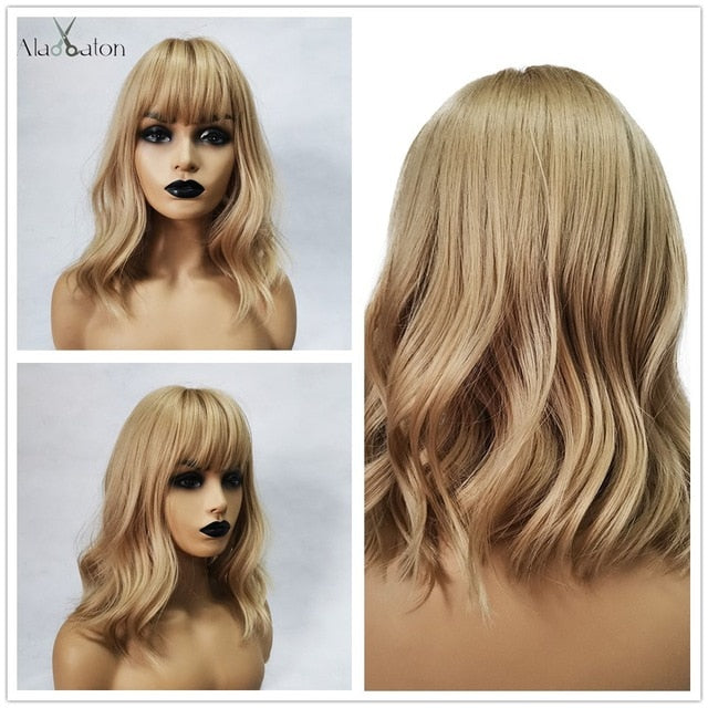 ALAN EATON Ombre Brown Golden Short Straight Hair Lolita Bobo Wigs with Bangs Synthetic Wigs For Women Cosplay Heat Resistant