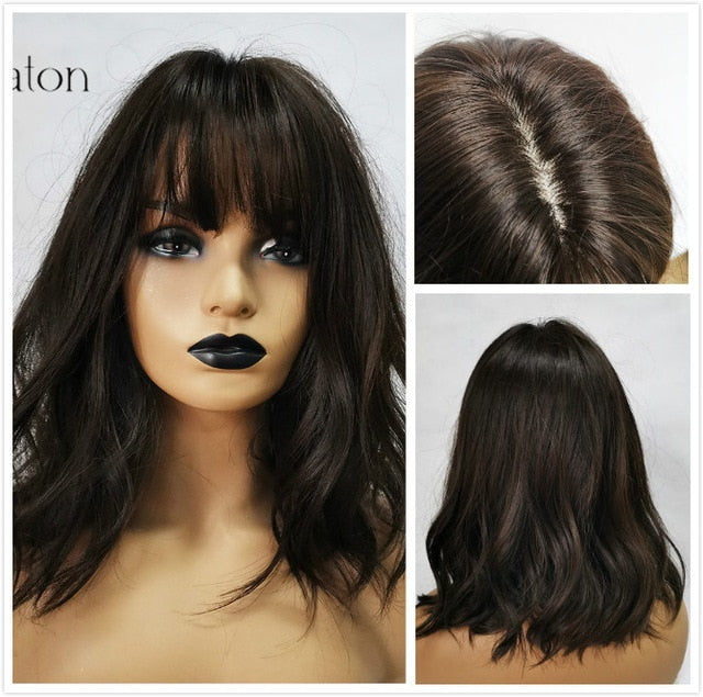 ALAN EATON Ombre Brown Golden Short Straight Hair Lolita Bobo Wigs with Bangs Synthetic Wigs For Women Cosplay Heat Resistant