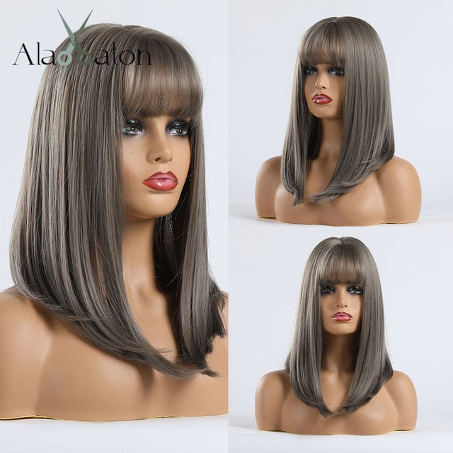 ALAN EATON Ombre Brown Golden Short Straight Hair Lolita Bobo Wigs with Bangs Synthetic Wigs For Women Cosplay Heat Resistant