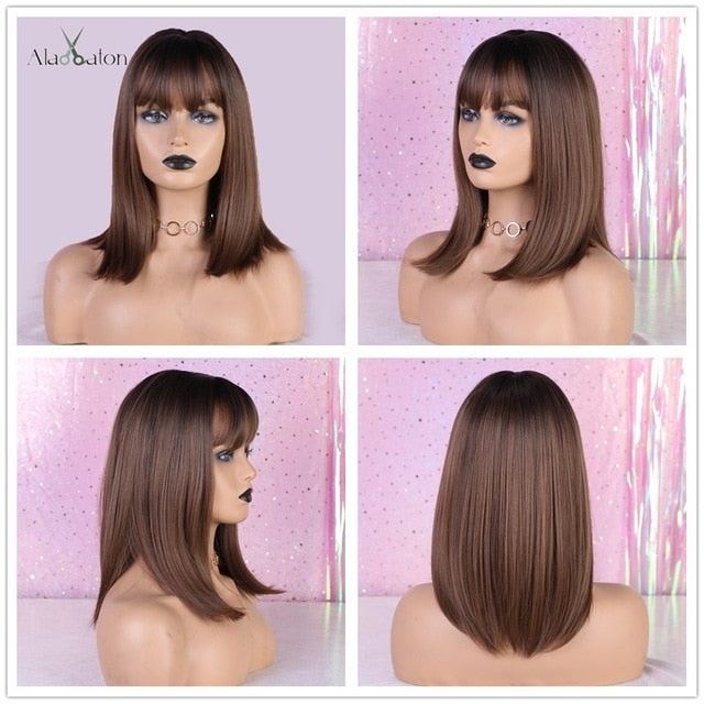 ALAN EATON Ombre Brown Golden Short Straight Hair Lolita Bobo Wigs with Bangs Synthetic Wigs For Women Cosplay Heat Resistant