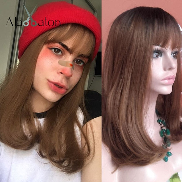 ALAN EATON Ombre Brown Golden Short Straight Hair Lolita Bobo Wigs with Bangs Synthetic Wigs For Women Cosplay Heat Resistant