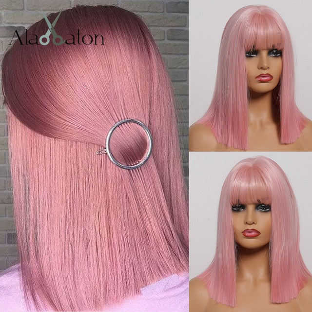 ALAN EATON Ombre Brown Golden Short Straight Hair Lolita Bobo Wigs with Bangs Synthetic Wigs For Women Cosplay Heat Resistant