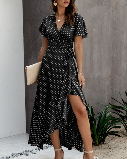 Maxi Dress Women Polka Dot Sexy V Neck Ruffles Short Sleeve Holiday