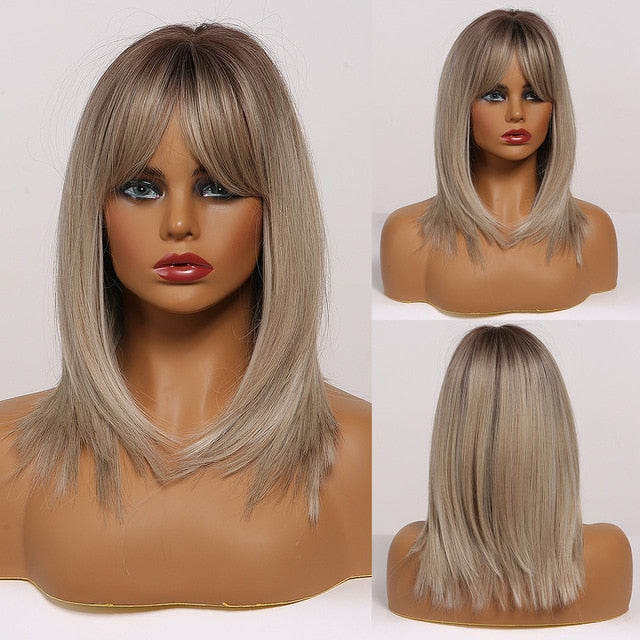 ALAN EATON Ombre Brown Golden Short Straight Hair Lolita Bobo Wigs with Bangs Synthetic Wigs For Women Cosplay Heat Resistant