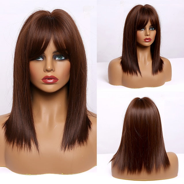 ALAN EATON Ombre Brown Golden Short Straight Hair Lolita Bobo Wigs with Bangs Synthetic Wigs For Women Cosplay Heat Resistant