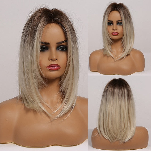 ALAN EATON Ombre Brown Golden Short Straight Hair Lolita Bobo Wigs with Bangs Synthetic Wigs For Women Cosplay Heat Resistant