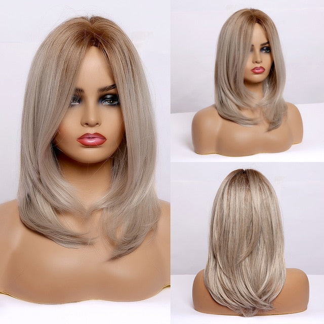 ALAN EATON Ombre Brown Golden Short Straight Hair Lolita Bobo Wigs with Bangs Synthetic Wigs For Women Cosplay Heat Resistant