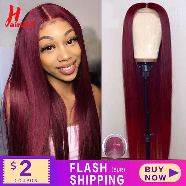 HairUGo 4x4 Lace Closure Wigs 99J Brazlian Remy Straight Lace Closure Human Hair Wigs For Black Women Human Hair Wig Pre Plucked