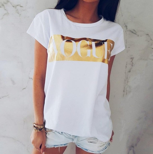 Golden Vogue Letter Print T Shirt