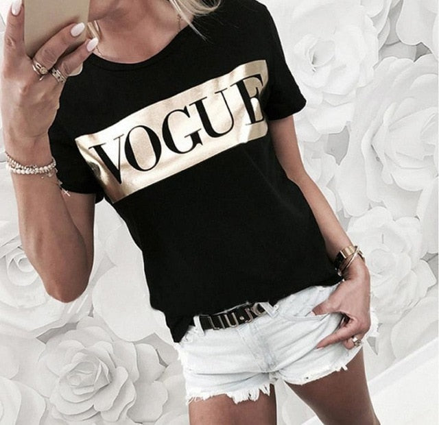 Golden Vogue Letter Print T Shirt