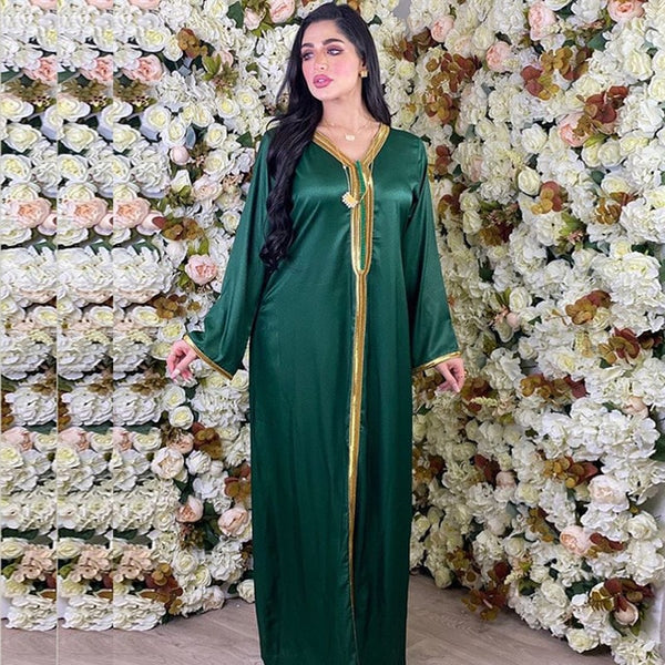 Arabic Dresses Golden Ribbon Patchwork Long Sleeve Maxi Dress