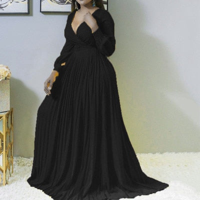 Women Loose Long Dresses Pleated Plain Dinner Evening Party