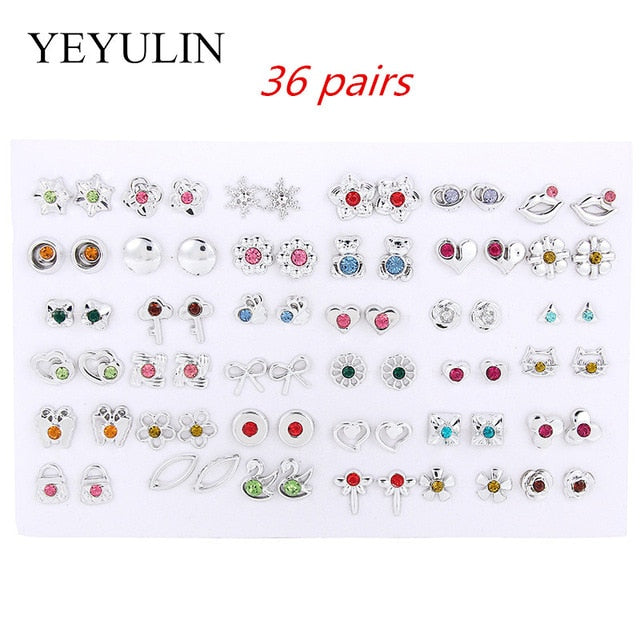 36Pairs/18pairs Earrings Mixed Styles Rhinestone Sun Flower Geometric Animal Plastic Stud Earrings Set For Women Girls Jewelry