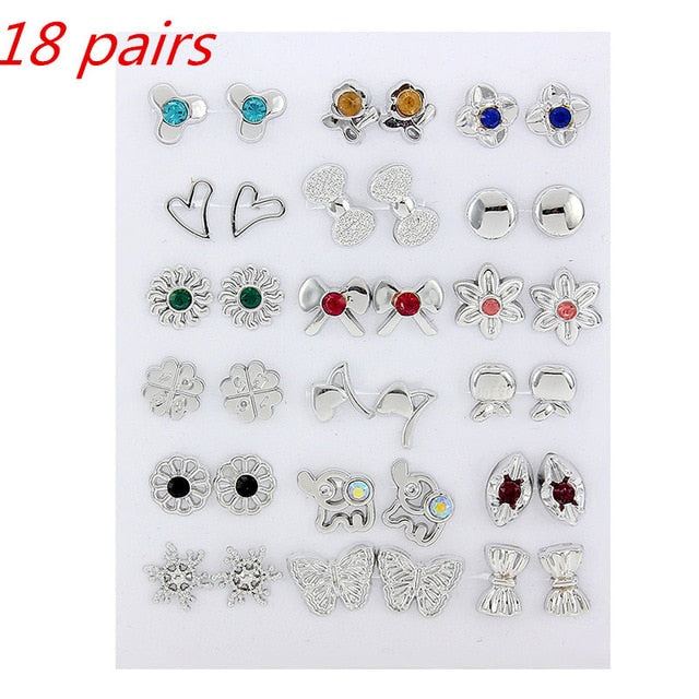 36Pairs/18pairs Earrings Mixed Styles Rhinestone Sun Flower Geometric Animal Plastic Stud Earrings Set For Women Girls Jewelry