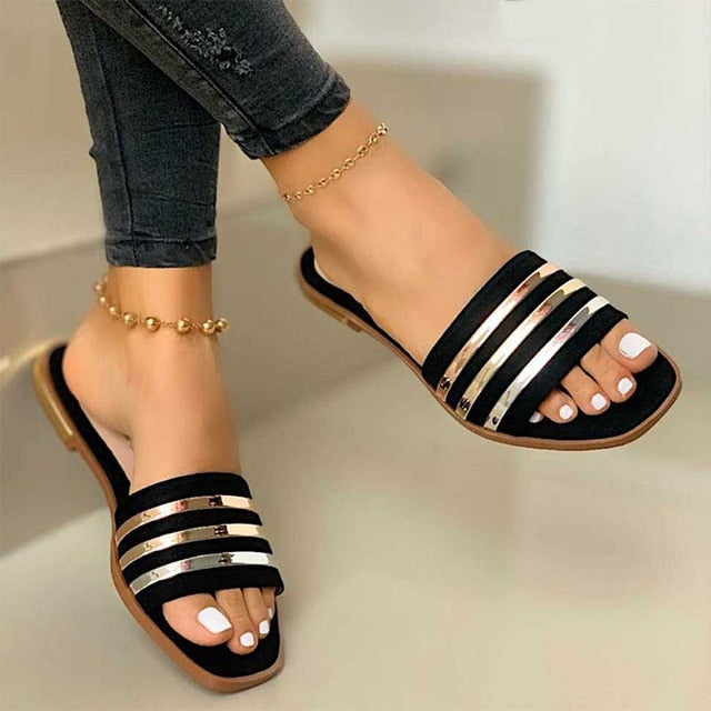 Ladies Slippers Beach Summer Shoes 2020 New Women Slip on Bling Gold Flat Slides Outdoor Shoes Female Casual Sandals Plus Size