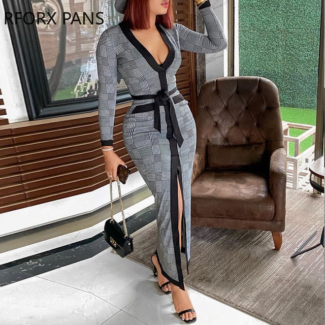 Women High Slit Plaid Long Sleeve Plunge Maxi Bodycon Dress Womens Party Dress