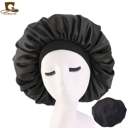 New Women Big Size Beauty print Satin Silky Bonnet Sleep Night Cap Head Cover Bonnet Hat for For Curly Springy Hair Black