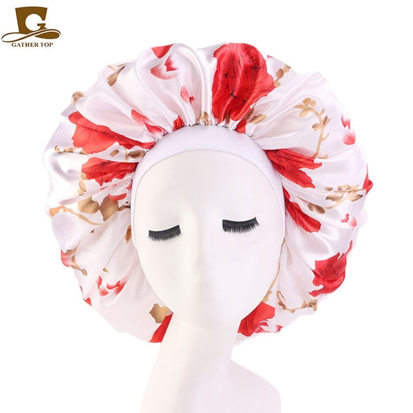 New Women Big Size Beauty print Satin Silky Bonnet Sleep Night Cap Head Cover Bonnet Hat for For Curly Springy Hair Black