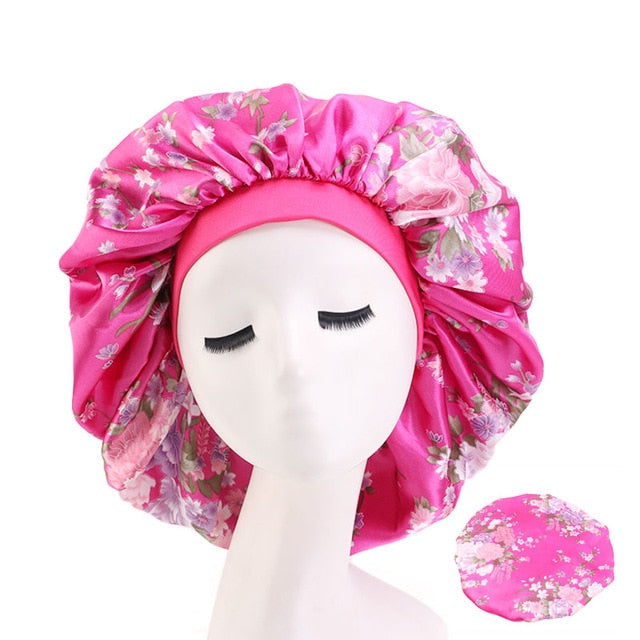 New Women Big Size Beauty print Satin Silky Bonnet Sleep Night Cap Head Cover Bonnet Hat for For Curly Springy Hair Black