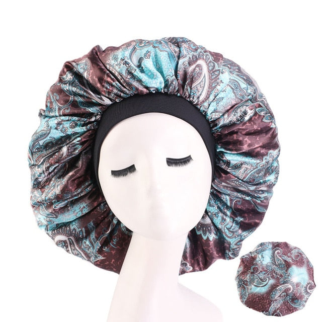 New Women Big Size Beauty print Satin Silky Bonnet Sleep Night Cap Head Cover Bonnet Hat for For Curly Springy Hair Black