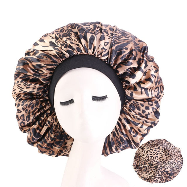 New Women Big Size Beauty print Satin Silky Bonnet Sleep Night Cap Head Cover Bonnet Hat for For Curly Springy Hair Black