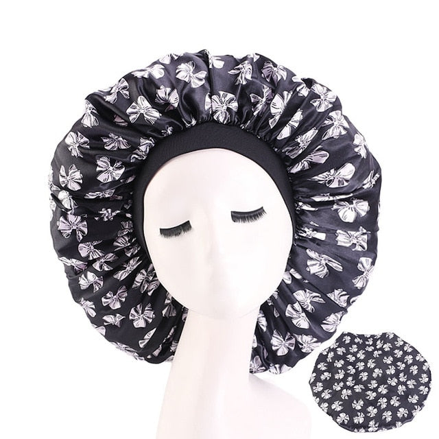 New Women Big Size Beauty print Satin Silky Bonnet Sleep Night Cap Head Cover Bonnet Hat for For Curly Springy Hair Black