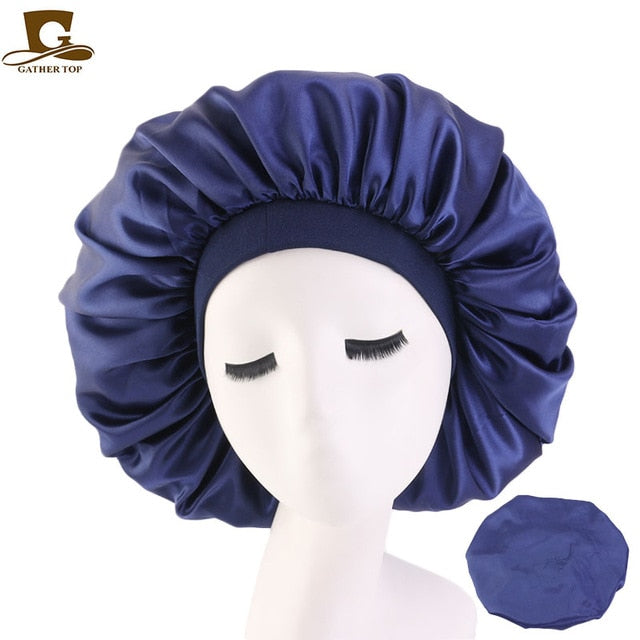 New Women Big Size Beauty print Satin Silky Bonnet Sleep Night Cap Head Cover Bonnet Hat for For Curly Springy Hair Black