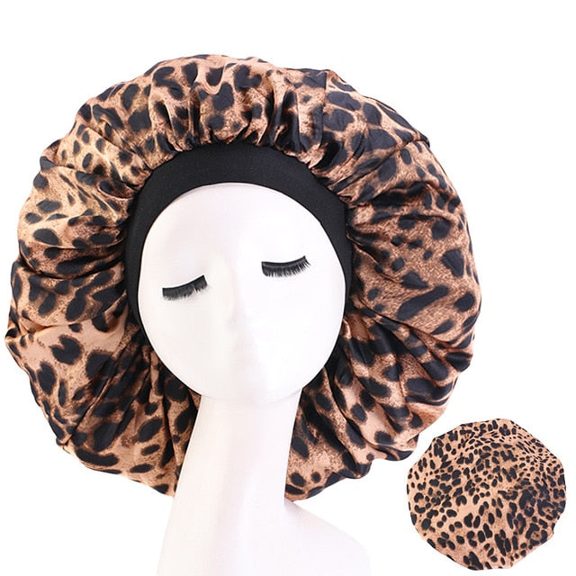 New Women Big Size Beauty print Satin Silky Bonnet Sleep Night Cap Head Cover Bonnet Hat for For Curly Springy Hair Black