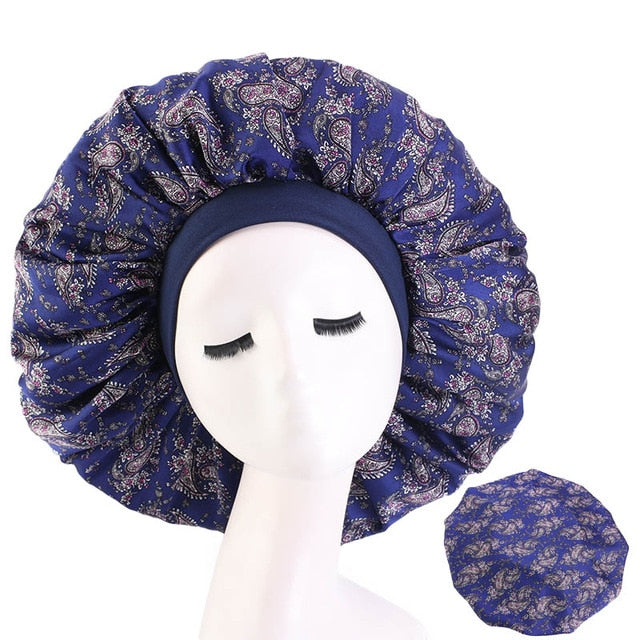 New Women Big Size Beauty print Satin Silky Bonnet Sleep Night Cap Head Cover Bonnet Hat for For Curly Springy Hair Black