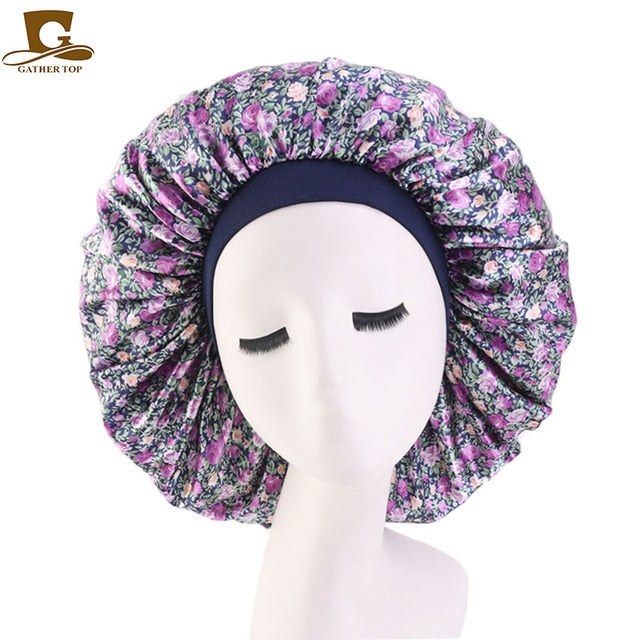 New Women Big Size Beauty print Satin Silky Bonnet Sleep Night Cap Head Cover Bonnet Hat for For Curly Springy Hair Black