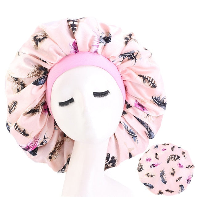 New Women Big Size Beauty print Satin Silky Bonnet Sleep Night Cap Head Cover Bonnet Hat for For Curly Springy Hair Black