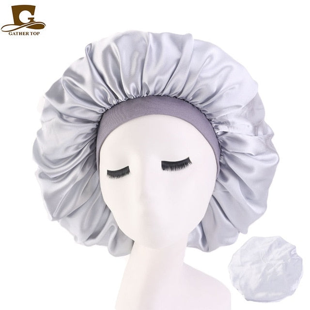 New Women Big Size Beauty print Satin Silky Bonnet Sleep Night Cap Head Cover Bonnet Hat for For Curly Springy Hair Black